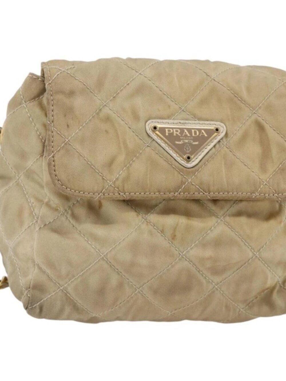 PRADA Chain Shoulder Bag Nylon Beige Gold Auth bs34265